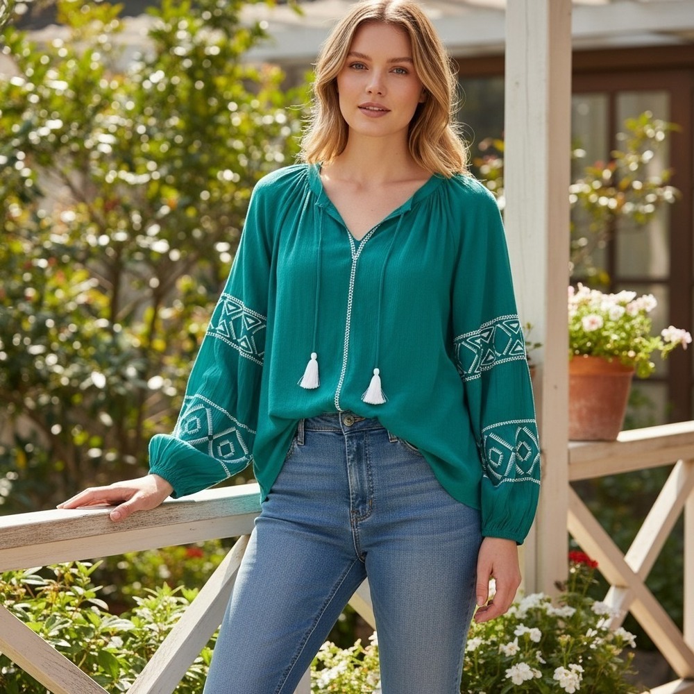 Lane Bryant Teal Embroidered Peasant Blouse Tassel Tie Top Size 18 Boho Rayon